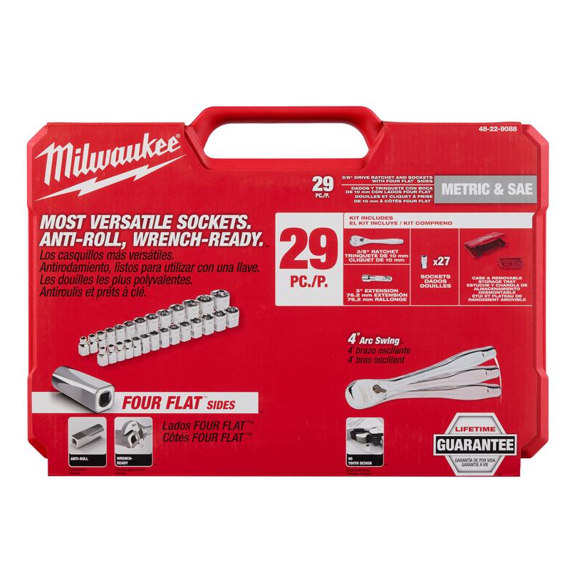 Milwaukee 3/8 in. drive Metric and SAE 29 Piece Mechanics Ratchet and Socket Set 90 teeth