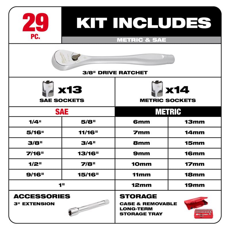 Milwaukee 3/8 in. drive Metric and SAE 29 Piece Mechanics Ratchet and Socket Set 90 teeth