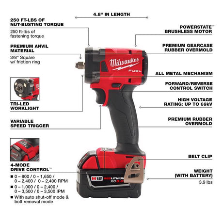 Milwaukee M18 FUEL 3/8 in. Cordless Brushless Compact Impact Wrench Kit (Battery & Charger)