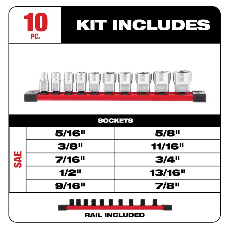 Milwaukee 3/8 in. drive SAE 6 Point Chrome Low Profile Socket Set 10 pc