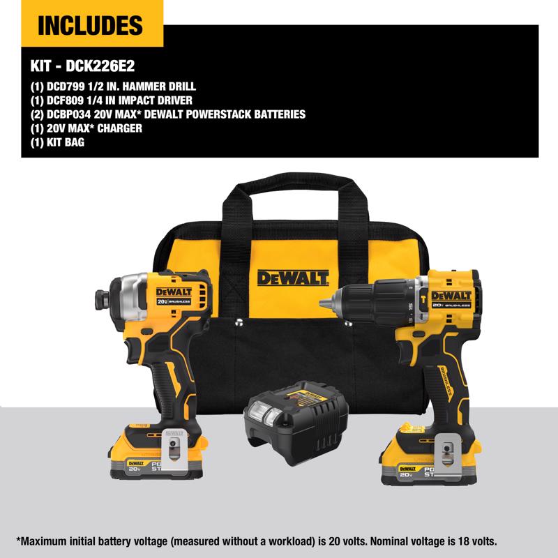 DeWalt 20V MAX ATOMIC Cordless Brushless 2 Tool Compact Hammer Drill and Impact Driver Kit