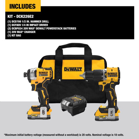 DeWalt 20V MAX ATOMIC Cordless Brushless 2 Tool Compact Hammer Drill and Impact Driver Kit