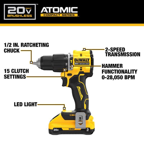 DeWalt 20V MAX ATOMIC 1/2 in. Brushless Cordless Hammer Drill Kit (Battery & Charger)