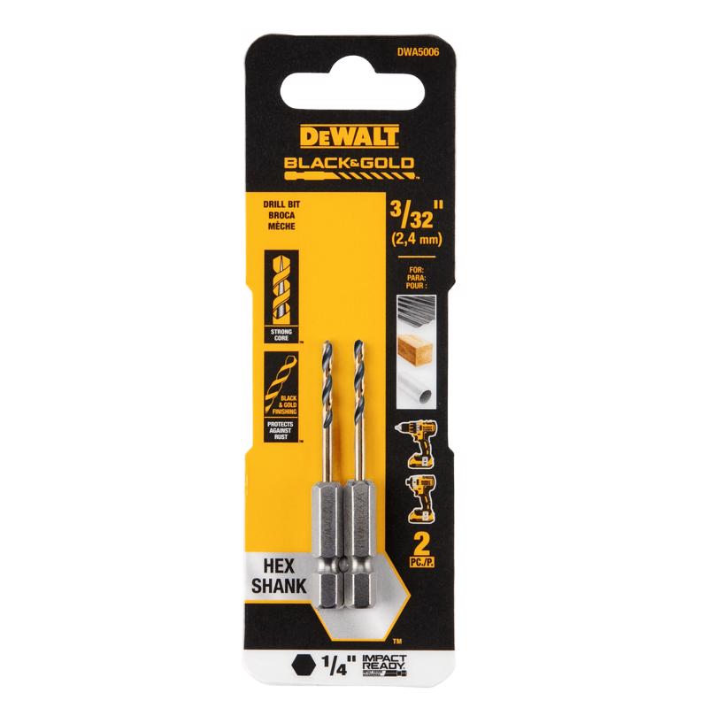 DeWalt Black & Gold 3/32 in. High Speed Steel Impact Ready Drill Bit Hex Shank 2 pc