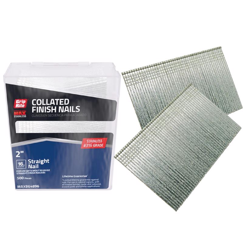 Grip-Rite 2 in. L X 16 Ga. Straight Strip 316 Stainless Steel Finish Nails 500 pk