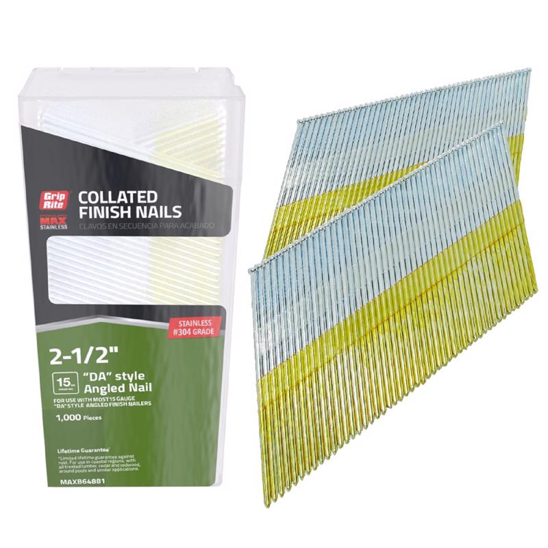 Grip-Rite Prime Guard 2-1/2 in. L X 15 Ga. Angled Strip Stainless Steel Finish Nails 1000 pk