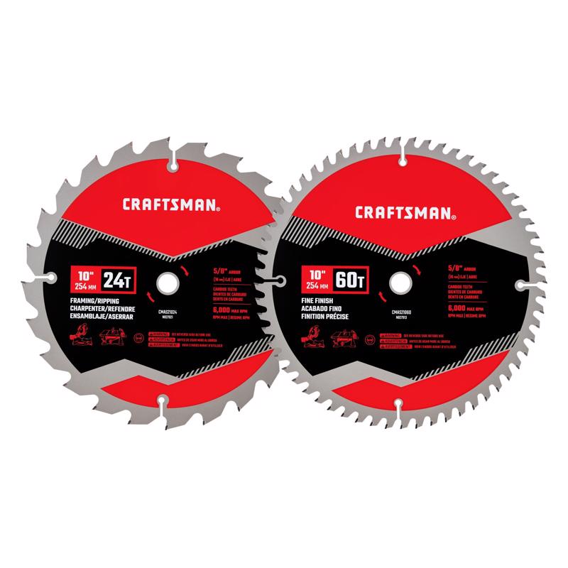 Craftsman 10 in. D X 5/8 in. Carbide Tipped Steel Miter Saw Blade 24T & 60T teeth 2 pk