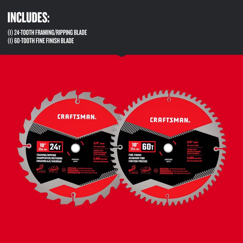 Craftsman 10 in. D X 5/8 in. Carbide Tipped Steel Miter Saw Blade 24T & 60T teeth 2 pk