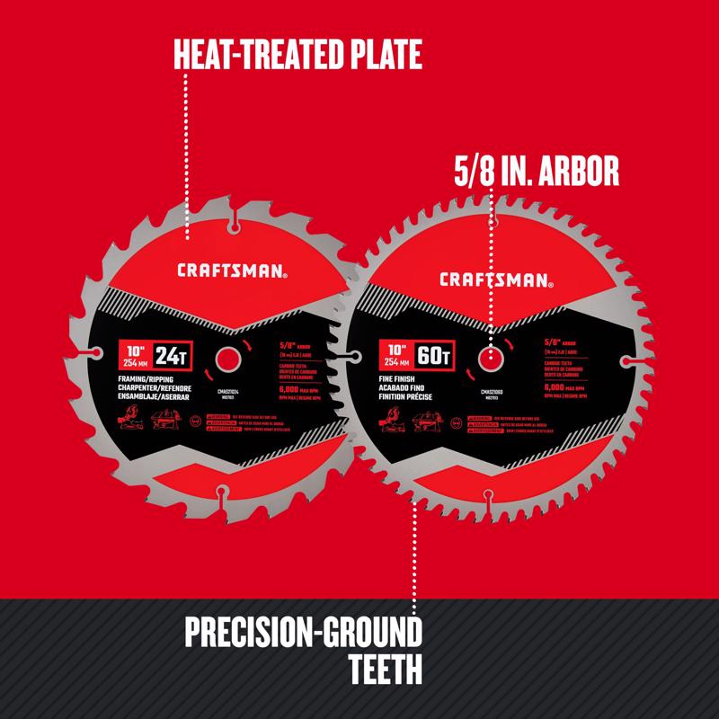 Craftsman 10 in. D X 5/8 in. Carbide Tipped Steel Miter Saw Blade 24T & 60T teeth 2 pk