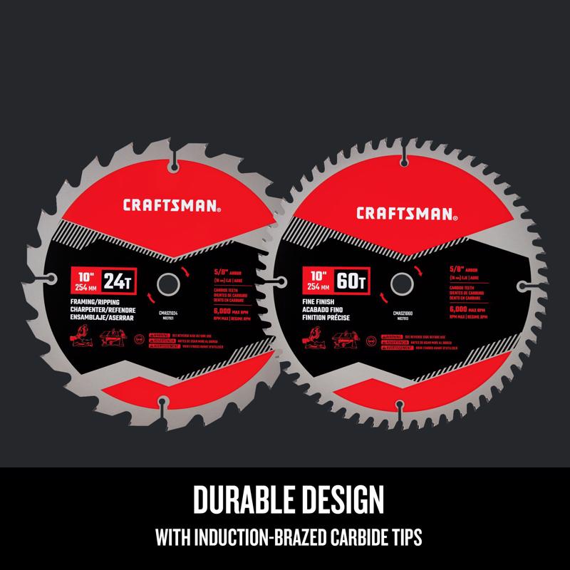 Craftsman 10 in. D X 5/8 in. Carbide Tipped Steel Miter Saw Blade 24T & 60T teeth 2 pk