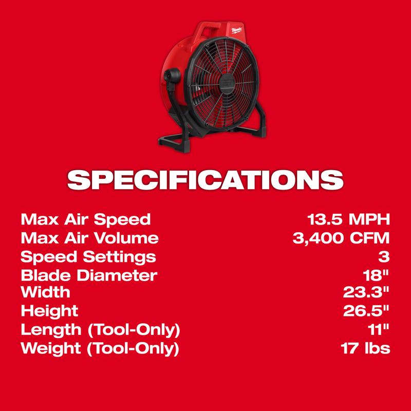 Milwaukee M18 26.5 in. H X 18 in. D 3 speed Cordless Jobsite Fan