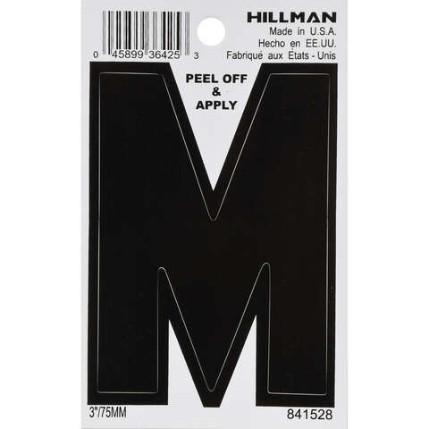 HILLMAN 3 in. Black Vinyl Self-Adhesive Letter M 1 pc, Pack of 6
