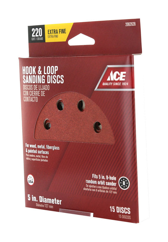 Ace 5 in. Aluminum Oxide Hook and Loop Sanding Disc 220 Grit Very Fine 15 pk