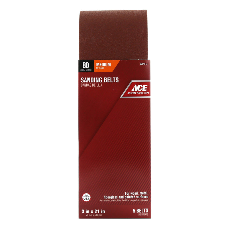 Ace 21 in. L X 3 in. W Aluminum Oxide Sanding Belt 80 Grit Medium 5 pc