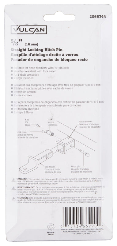 Vulcan HBB07 Straight Pin Lock, 5/8 in Dia Pin, 5-1/2 in OAL, Steel, Chrome