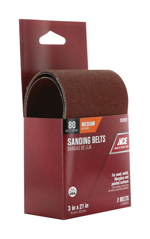 Ace 21 in. L X 3 in. W Aluminum Oxide Sanding Belt 80 Grit Medium 2 pc