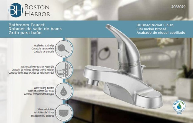 Boston Harbor TQ-F4510042NP Lavatory Faucet, 1.2 gpm, 1-Handle, 3-Faucet Hole, Metal/Plastic, Brushed Nickel