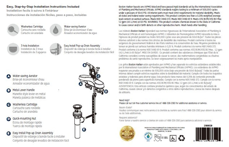 Boston Harbor TQ-F4510042NP Lavatory Faucet, 1.2 gpm, 1-Handle, 3-Faucet Hole, Metal/Plastic, Brushed Nickel