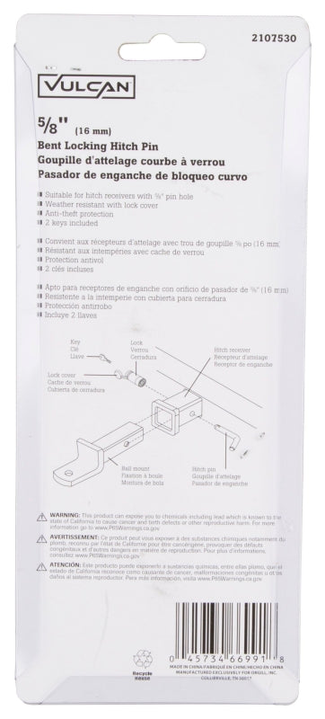 Vulcan HBB08 Bent Pin Lock, 5/8 in Dia Pin, 6 in OAL, Steel, Chrome