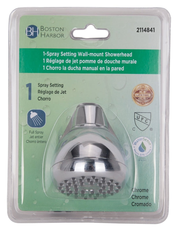 Boston Harbor B11041CP Shower Head, 1.75 gpm, 1/2-14 NPT Connection, Threaded, 1-Spray Function, Plastic, Chrome