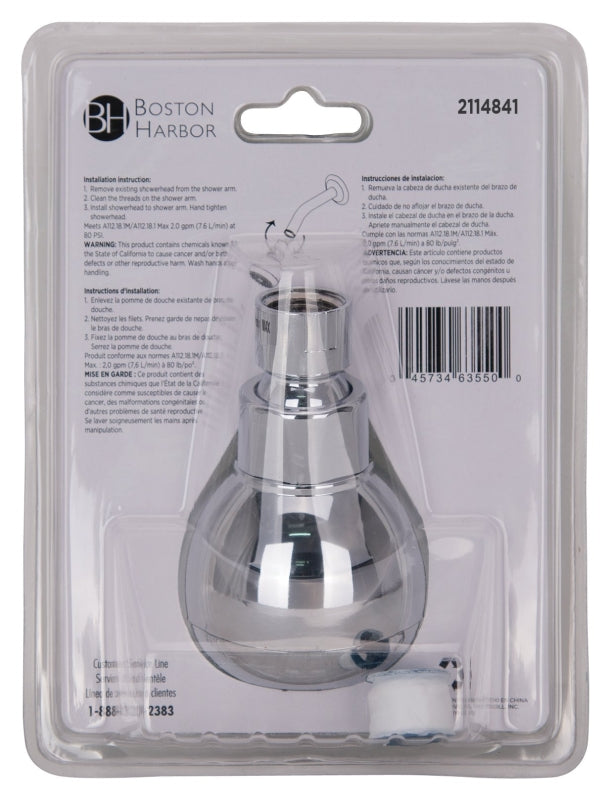 Boston Harbor B11041CP Shower Head, 1.75 gpm, 1/2-14 NPT Connection, Threaded, 1-Spray Function, Plastic, Chrome
