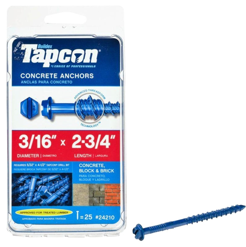 Tapcon 24210 Concrete Screw Anchor, 3/16 in Dia, 2-3/4 in L, Steel, Climaseal, 25/PK