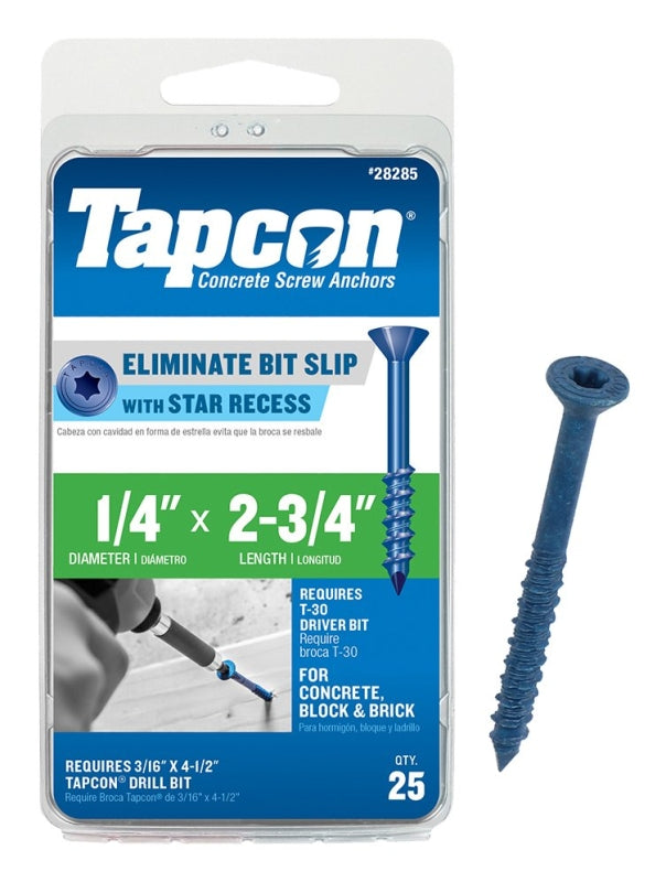 Tapcon 24285 Concrete Screw Anchor, 1/4 in Dia, 2-3/4 in L, Phillips Head, Steel, Climaseal, 25/PK