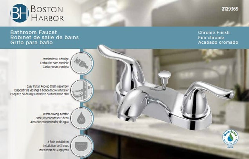 Boston Harbor F5121033CP Lavatory Faucet, 1.2 gpm, 2-Handle, 3-Faucet Hole, Metal, Chrome, Lever Handle