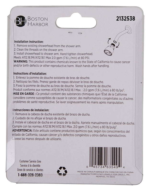Boston Harbor B11204CP Shower Head, 1.75 gpm, 1/2-14 NPT Connection, Threaded, 1-Spray Function, Plastic, Chrome