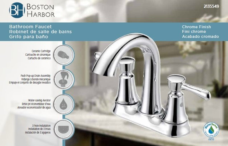 Boston Harbor F51B0035CP Lavatory Faucet, 1.2 gpm, 2-Handle, 3-Faucet Hole, Metal/Plastic, Chrome Plated