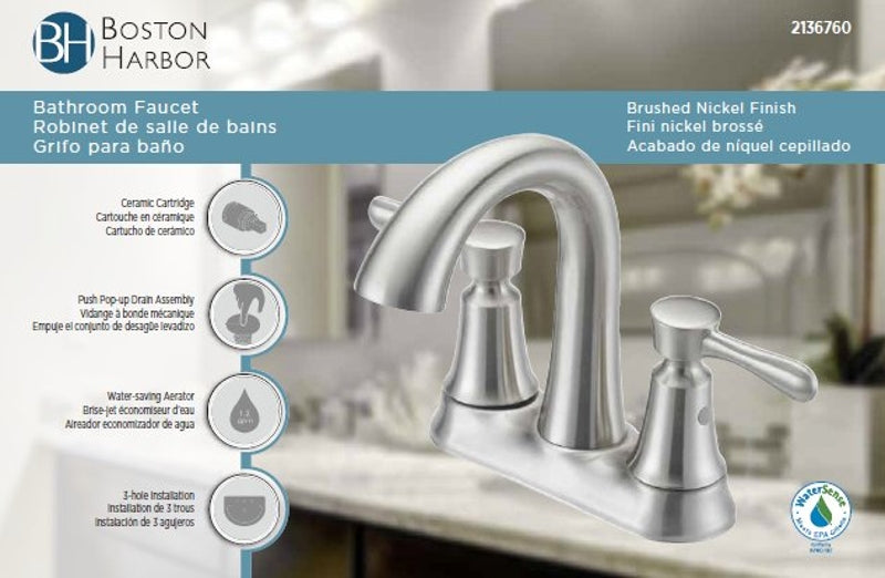 Boston Harbor F51B0035NP Lavatory Faucet, 1.2 gpm, 2-Handle, 3-Faucet Hole, Metal/Plastic, Brushed Nickel