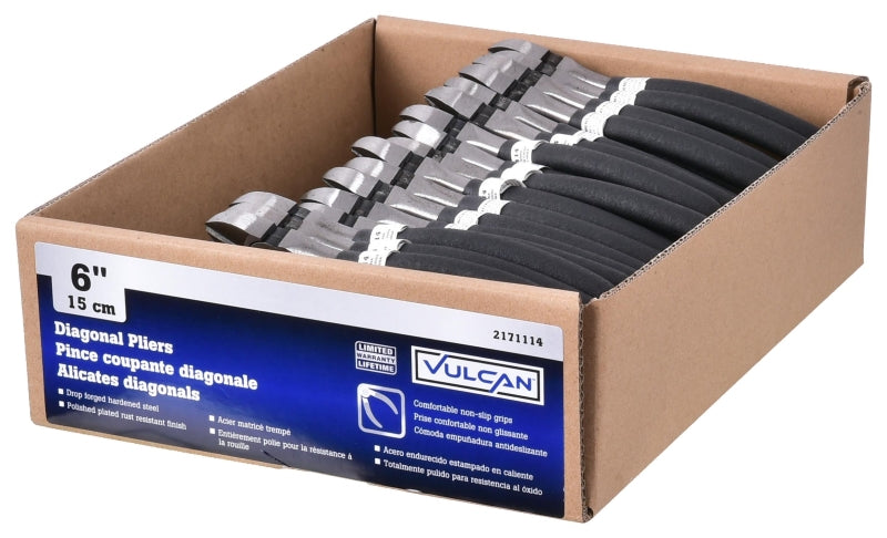 Vulcan PC417-5 Diagonal Cutting Plier, 6 in OAL, 1.2 mm Cutting Capacity, 1.5 in Jaw Opening, Black Handle, Pack of 40