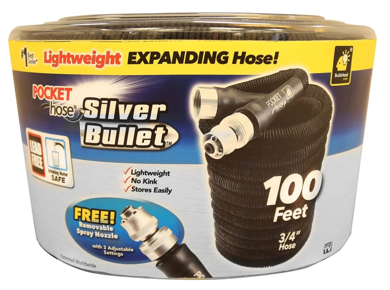 POCKET hose Silver Bullet 134906 Expanding Garden Hose, 3/4 in, 100 ft L, Plastic, Black