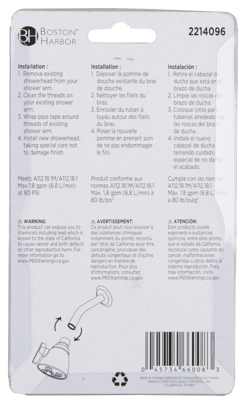 Boston Harbor PP6260376 Shower Head, Round, 1.8 gpm, 1/2-14 NSPM Connection, Threaded, 4-Spray Function, Zinc