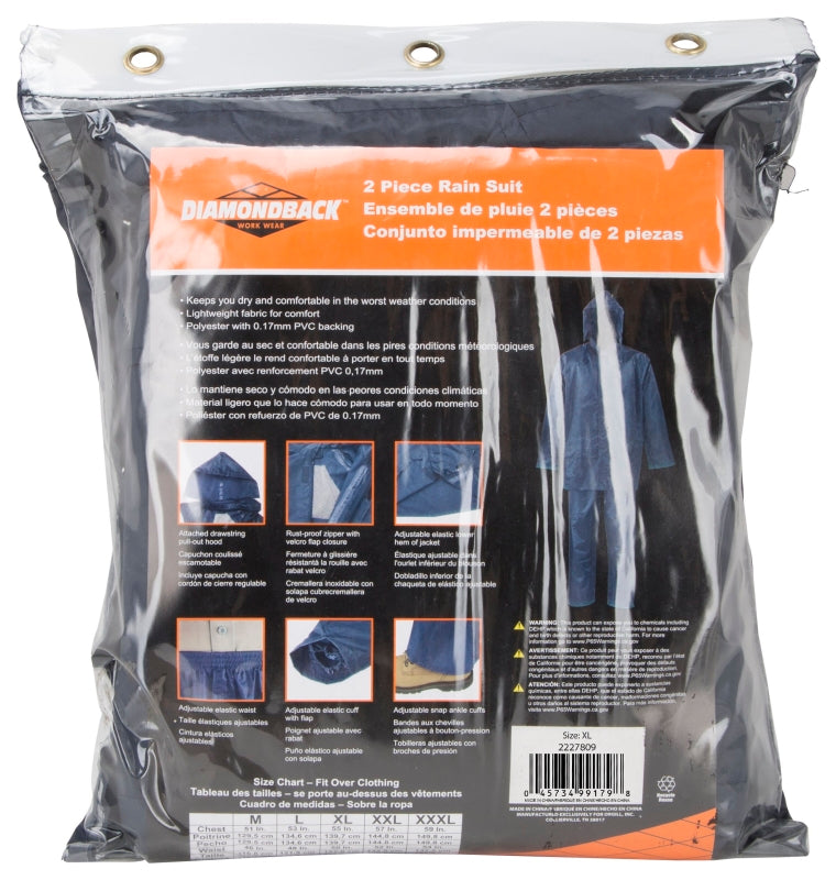 Diamondback SPU045-XL Rain Suit, XL, 30-1/2 in Inseam, Polyester, Blue, Drawstring Pull-Out Hood Collar