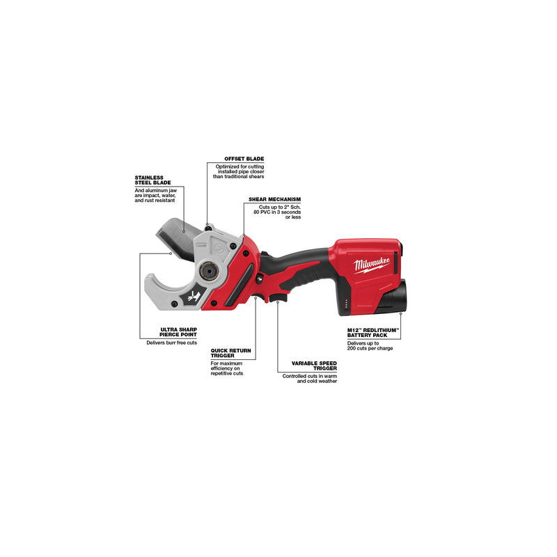 Milwaukee 2470-21 Plastic Pipe Shear Kit, Battery Included, 12 V, 1.5 Ah, 2 in Cutting Capacity, Switch Control