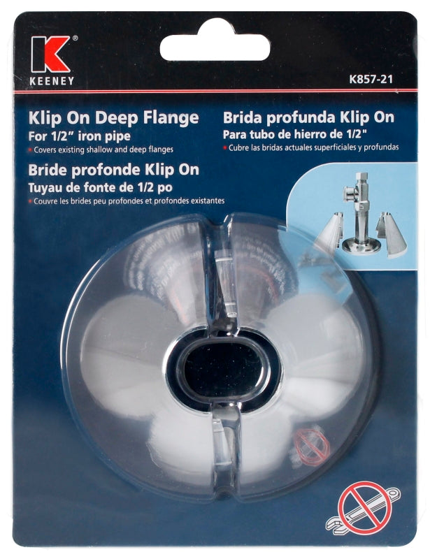 Keeney K857-21 Klip-On Deep Flange, Plastic, Chrome Plated, For: 1/2 in Iron Pipe