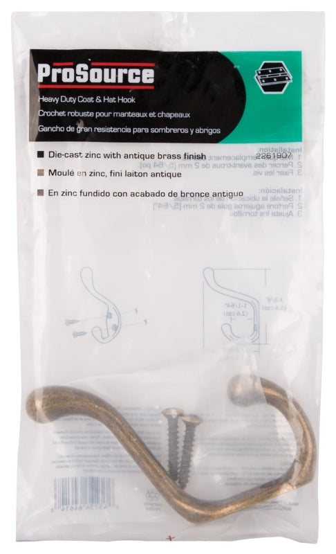 ProSource H6271007AB-PS Coat and Hat Hook, 22 lb, 2-Hook, 1-1/64 in Opening, Zinc, Antique Brass