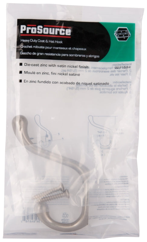 ProSource H6271007SN-PS Coat and Hat Hook, 22 lb, 2-Hook, 1-1/64 in Opening, Zinc, Satin Nickel