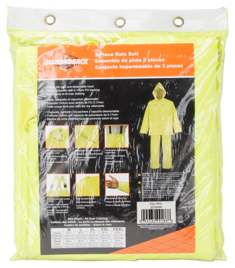 Diamondback OX025PU-XXXL Rain Suit, 3XL, 31-1/2 in Inseam, Polyester, Hi-Viz Yellow, Comfortable Oxford Polyester Collar