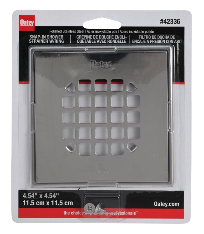 Oatey 42336 Square Snap-Tite Strainer with Ring, Polished Stainless Steel, 4.54 in Connection Size