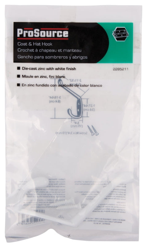 ProSource H6172168W-BC3L-PS Coat and Hat Hook, 22 lb, 2-Hook, 1-1/64 in Opening, Zinc