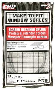Make-2-Fit P 7638 Screen Retainer Spline, 0.175 in D, 25 ft L, Vinyl, Gray, Round
