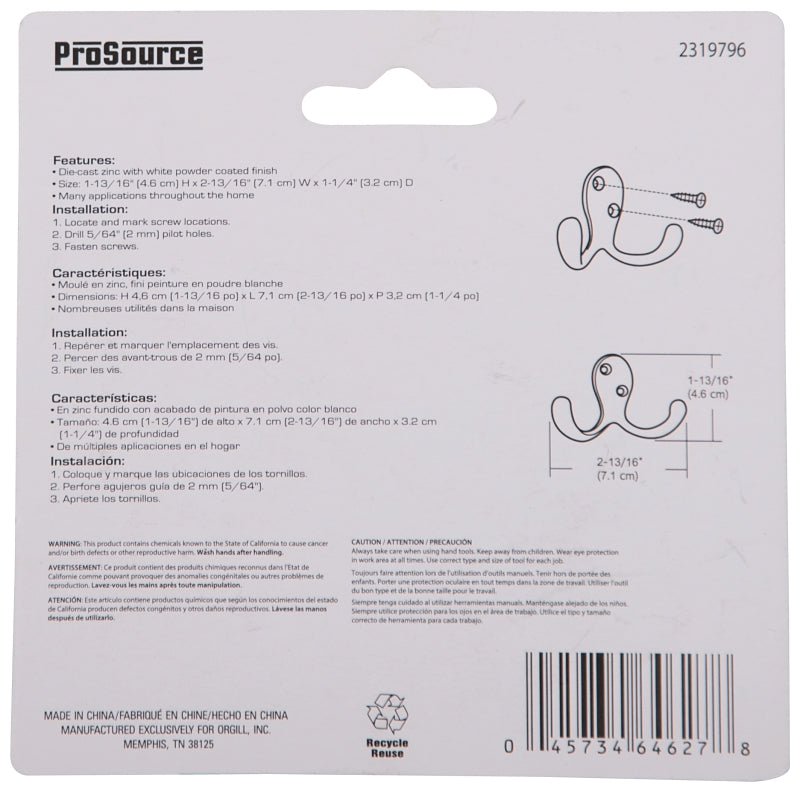 ProSource 23263WHB-PS Coat and Hat Hook, 22 lb, 2-Hook, 7/8 in Opening, Zinc, Powder-Coated