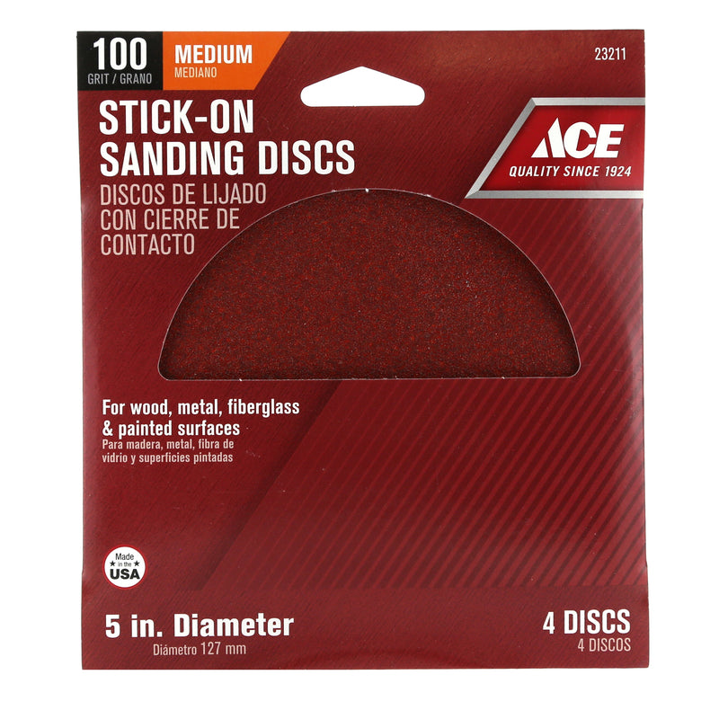 Ace 5 in. Aluminum Oxide Adhesive Sanding Disc 100 Grit Medium 4 pk, Pack of 5