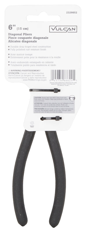Vulcan JL-NP006 Diagonal Cutting Plier, 6 in OAL, 1 mm Cutting Capacity, 0.75 in Jaw Opening, Black Handle