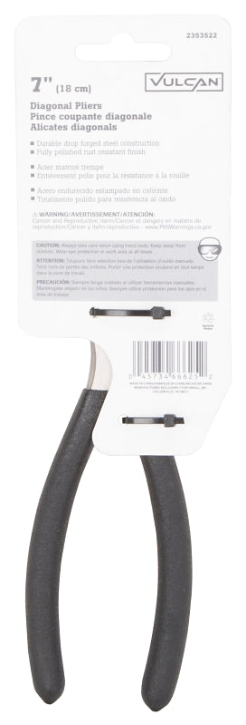 Vulcan JL-NP007 Diagonal Cutting Plier, 7 in OAL, 1 mm Cutting Capacity, 1 in Jaw Opening, Black Handle, Non-Slip Handle