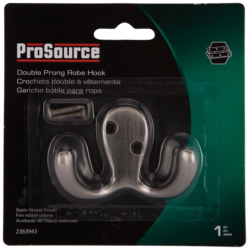 ProSource 23263SNB3L-PS Coat and Hat Hook, 22 lb, 2-Hook, 7/8 in Opening, Zinc, Satin Nickel