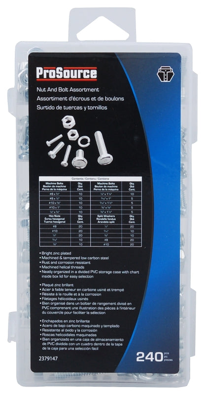 ProSource 61465 Nut and Bolt Assortment, Carbon Steel, Zinc, 240-Piece
