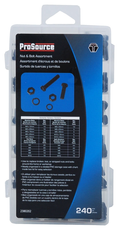 ProSource 61466 Nut and Bolt Assortment, Carbon Steel, Black Oxide, 240-Piece